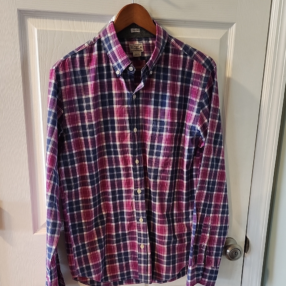 J. Crew Men's Casual Plaid Shirt - Pink and Blue